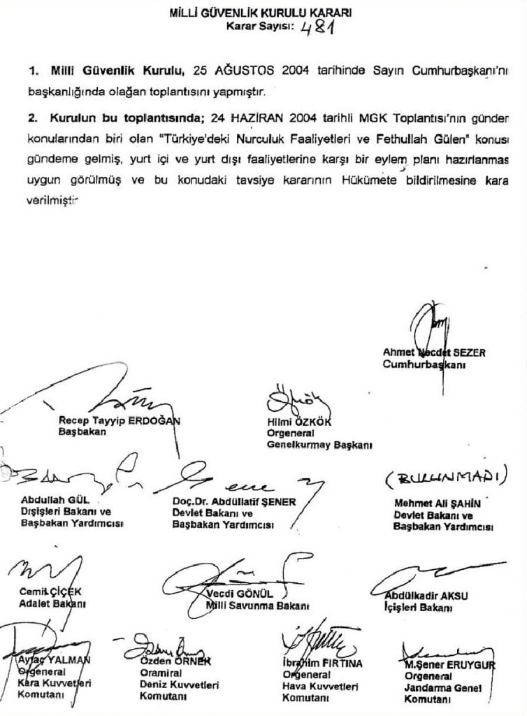 “The NSC ruling reads: ‘Legislation that introduces heavy sanctions needs to be passed and an action plan needs to be drawn up’ in order to block ‘Nurist [Nurcular Muslim movement] activities and the activities of institutions belonging to the Fethullah Gulen group.’