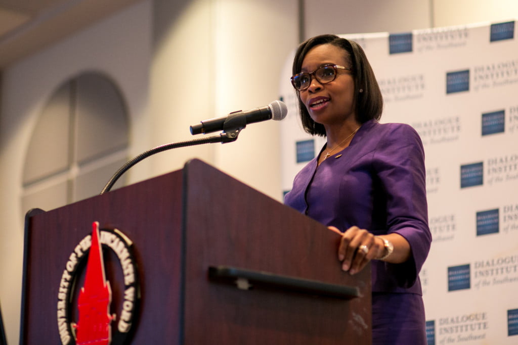 Mayor Ivy Taylor, the evening’s key not speaker, remarks on how it is important to learn about all the different types of people in San Antonio. Photo by Kathryn Boyd-Batstone