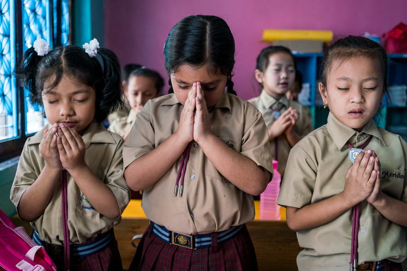 Morning prayer at the Meridian International School, one of the most diverse, progressive, and high achieving schools in Kathmandu - Nepal, 2016. ALEX MOREL