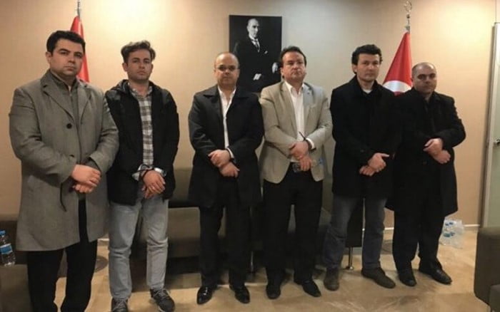 Six Turkish nationals who were abducted by Turkey's National Intelligence Organization in Kosovo on Thursday are seen allegedly in the Turkish Embassy in Pristina. (Photo: Vocal Europe)